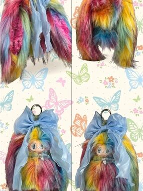 (31) Rainbow Faux Fur Doll Keychain with Blue Bow